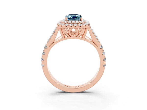 Rose gold Emerald Cut Aquamarine Pavé Split Shank Double Halo Engagement Ring