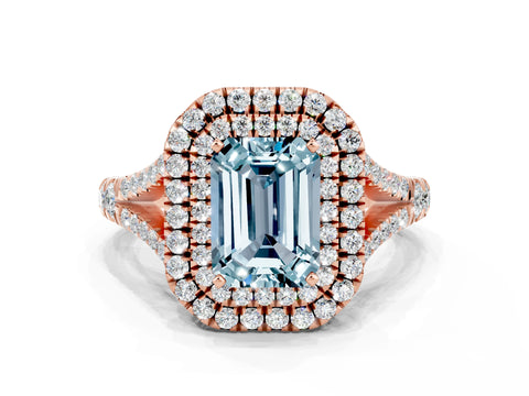Rose gold Emerald Cut Aquamarine Pavé Split Shank Double Halo Engagement Ring
