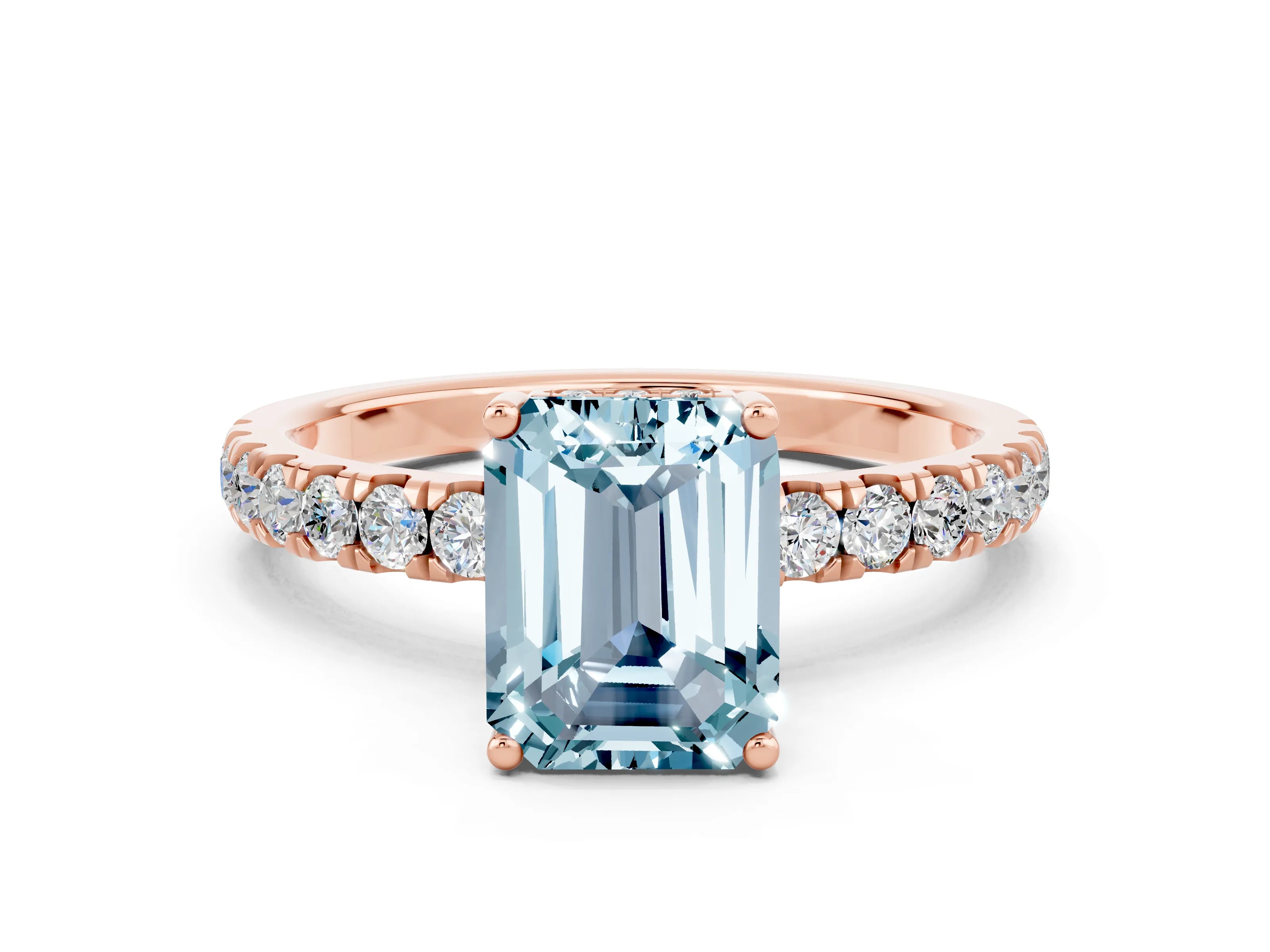 Rose gold Emerald Cut Aquamarine Pave Band Solitaire Ring with Four-Prong Setting_24