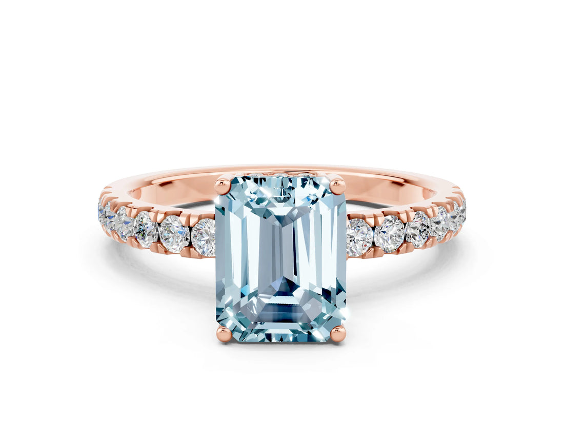 Rose gold Emerald Cut Aquamarine Pave Band Solitaire Ring with Four-Prong Setting_24