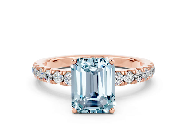 Rose gold Emerald Cut Aquamarine Pave Band Solitaire Ring with Round  and Prong Setting