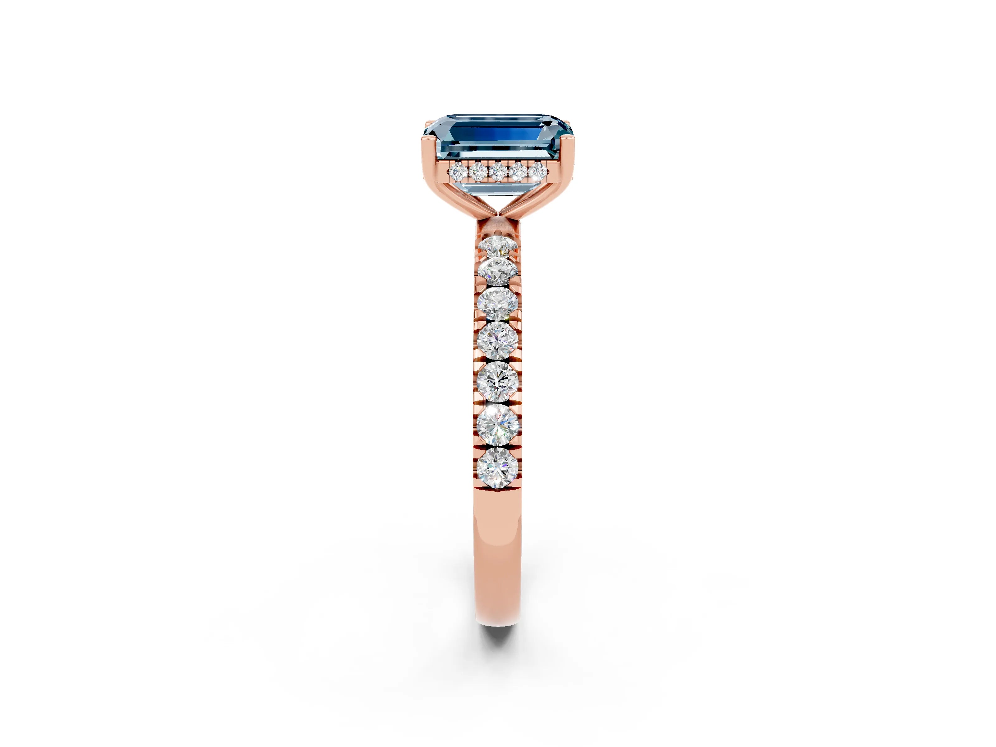 Rose gold Emerald Cut Aquamarine Pave Band Solitaire Ring with Four-Prong Setting_26