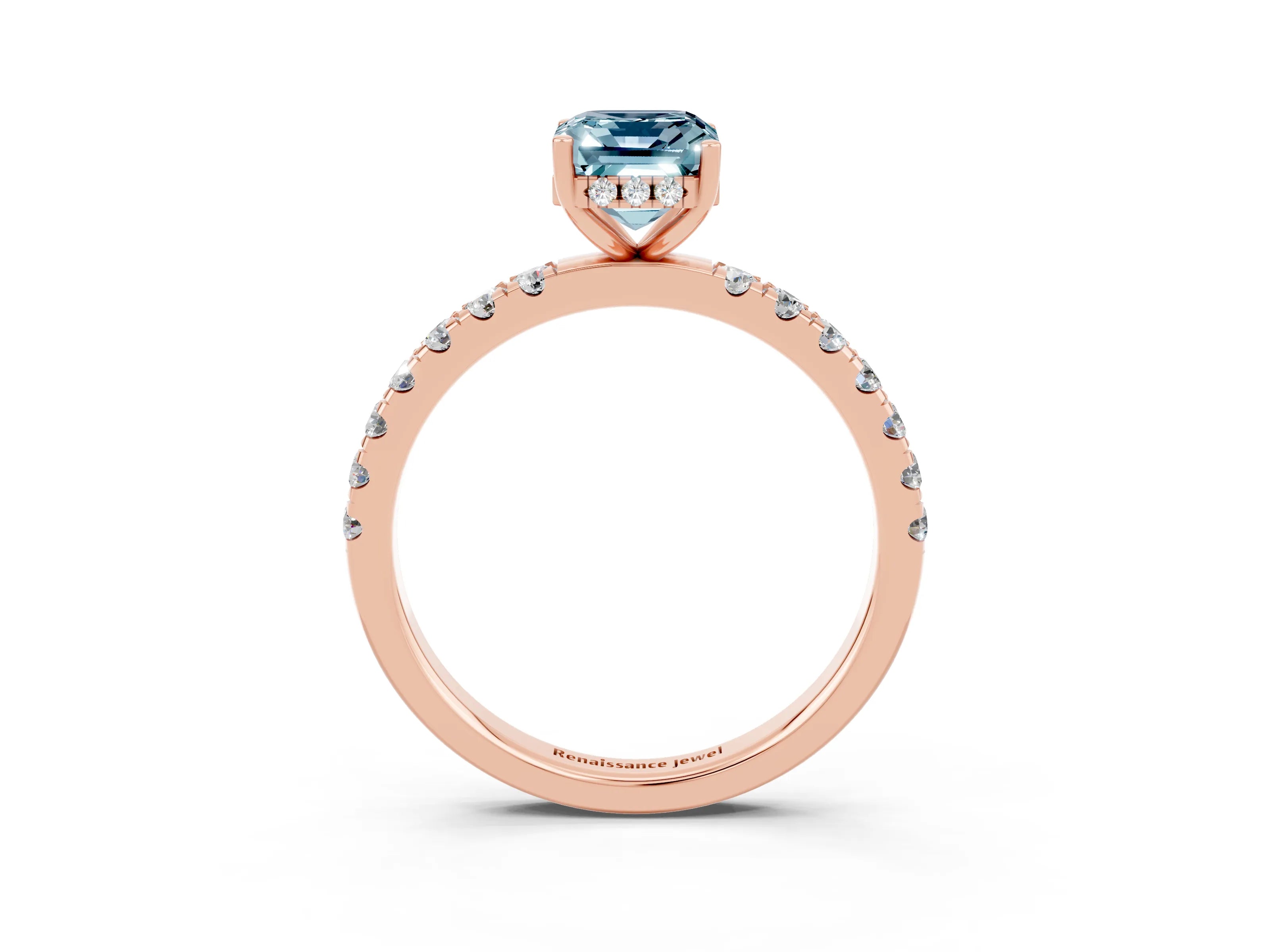 Rose gold Emerald Cut Aquamarine Pave Band Solitaire Ring with Four-Prong Setting_27