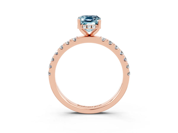 Rose gold Emerald Cut Aquamarine Pave Band Solitaire Ring with Round  and Prong Setting
