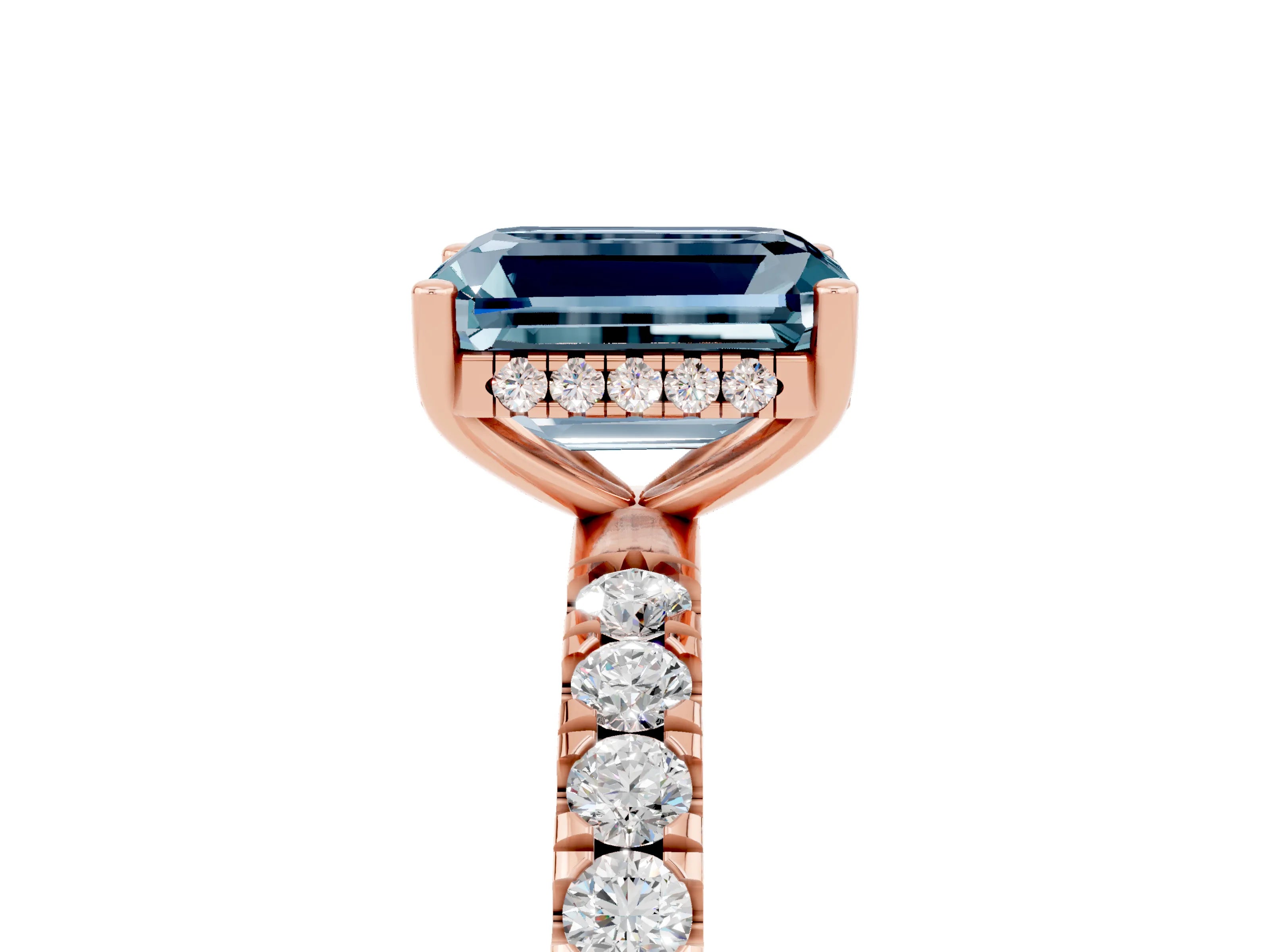 Rose gold Emerald Cut Aquamarine Pave Band Solitaire Ring with Four-Prong Setting_29