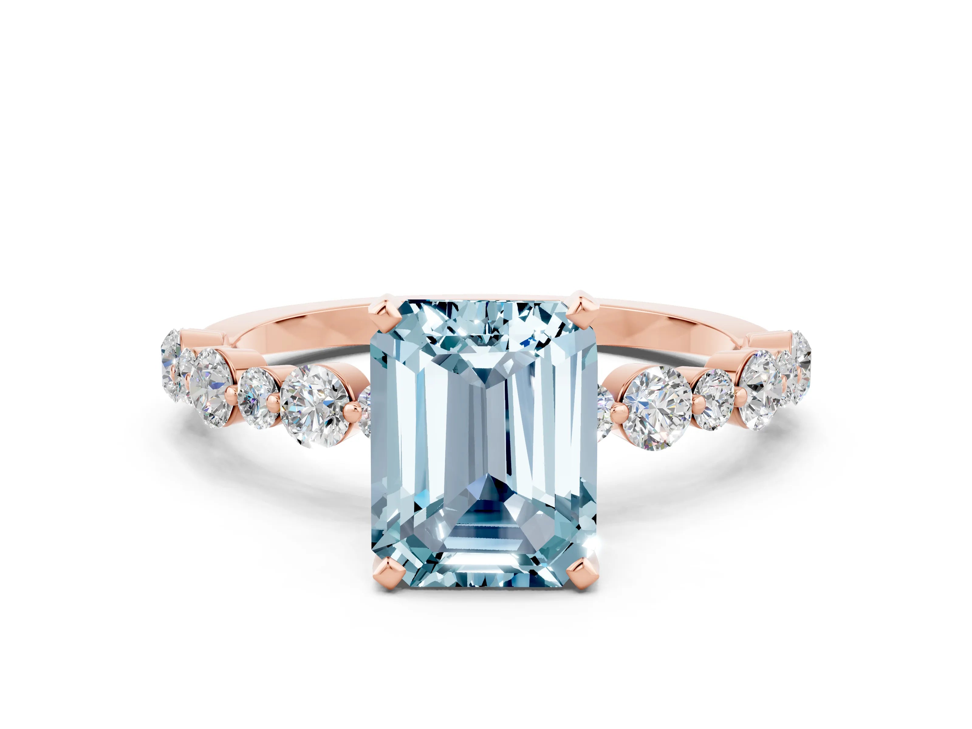 Rose gold Emerald Cut Aquamarine Prong Set Engagement Ring with Pavé Band