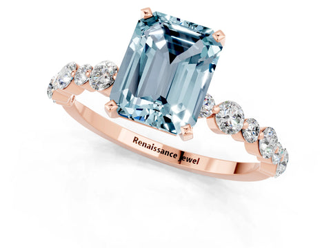 Rose gold Emerald Cut Aquamarine Prong Set Engagement Ring with Pavé Band_1