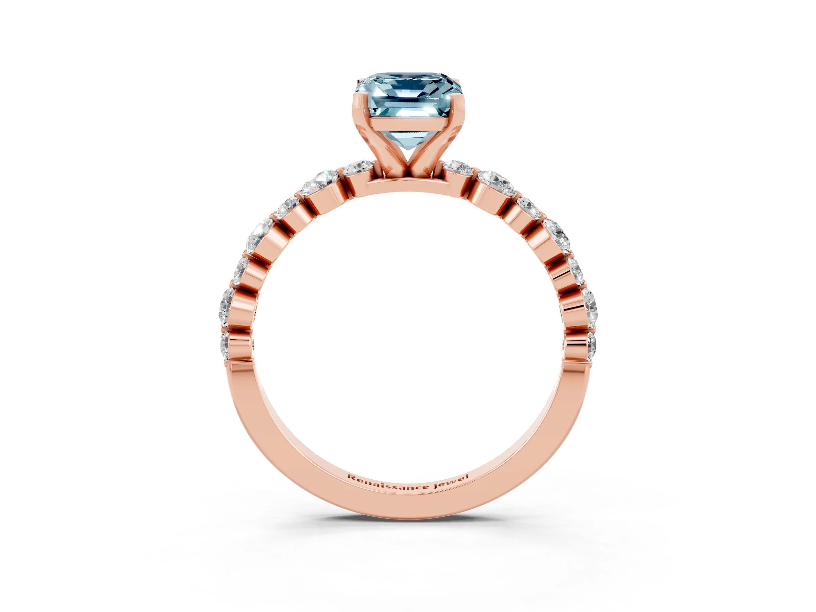 Rose gold Emerald Cut Aquamarine Prong Set Engagement Ring with Pavé Band_3