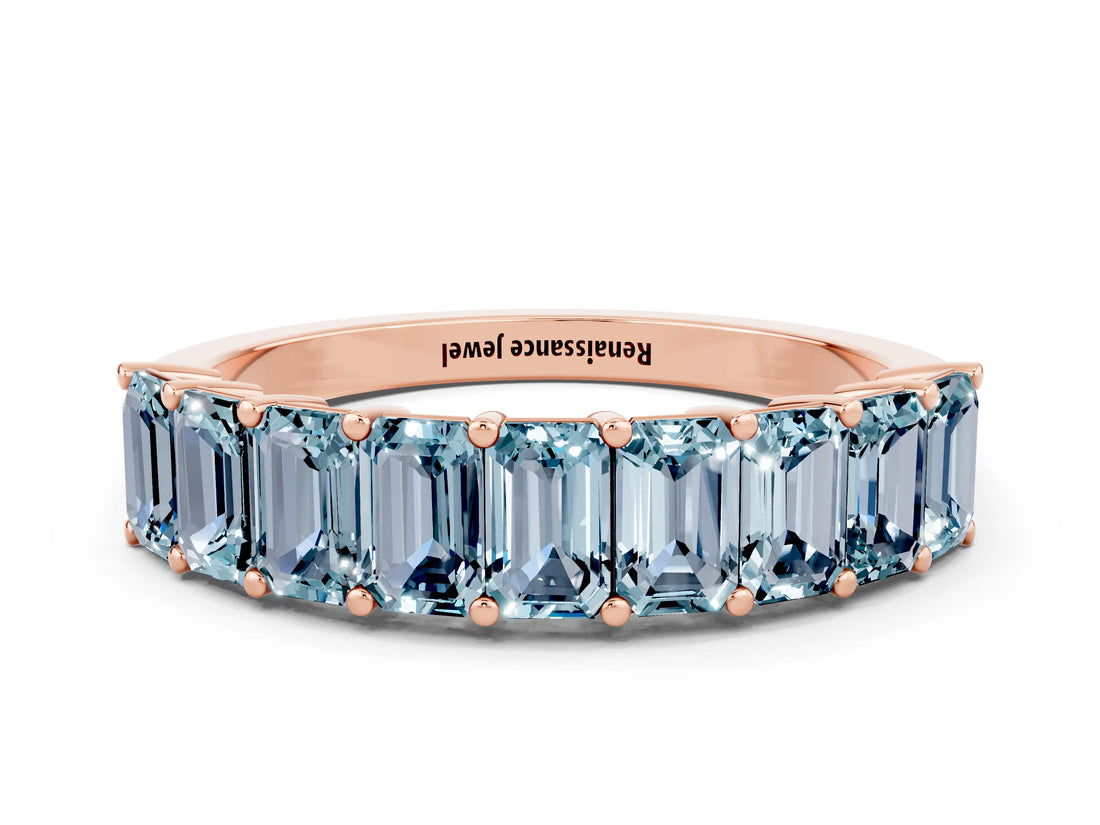 Rose gold Emerald Cut Aquamarine Prong-Set Eternity Band_6