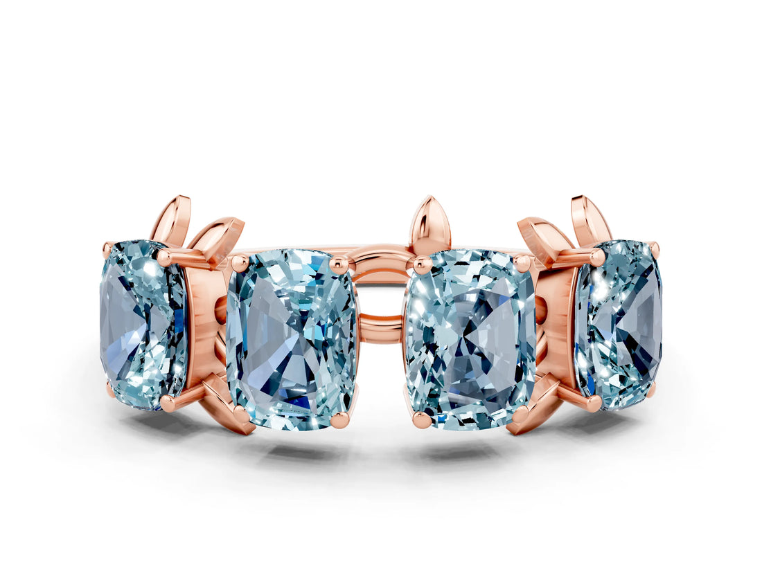Rose gold Emerald Cut Aquamarine Prong-Set Half Eternity Band_18