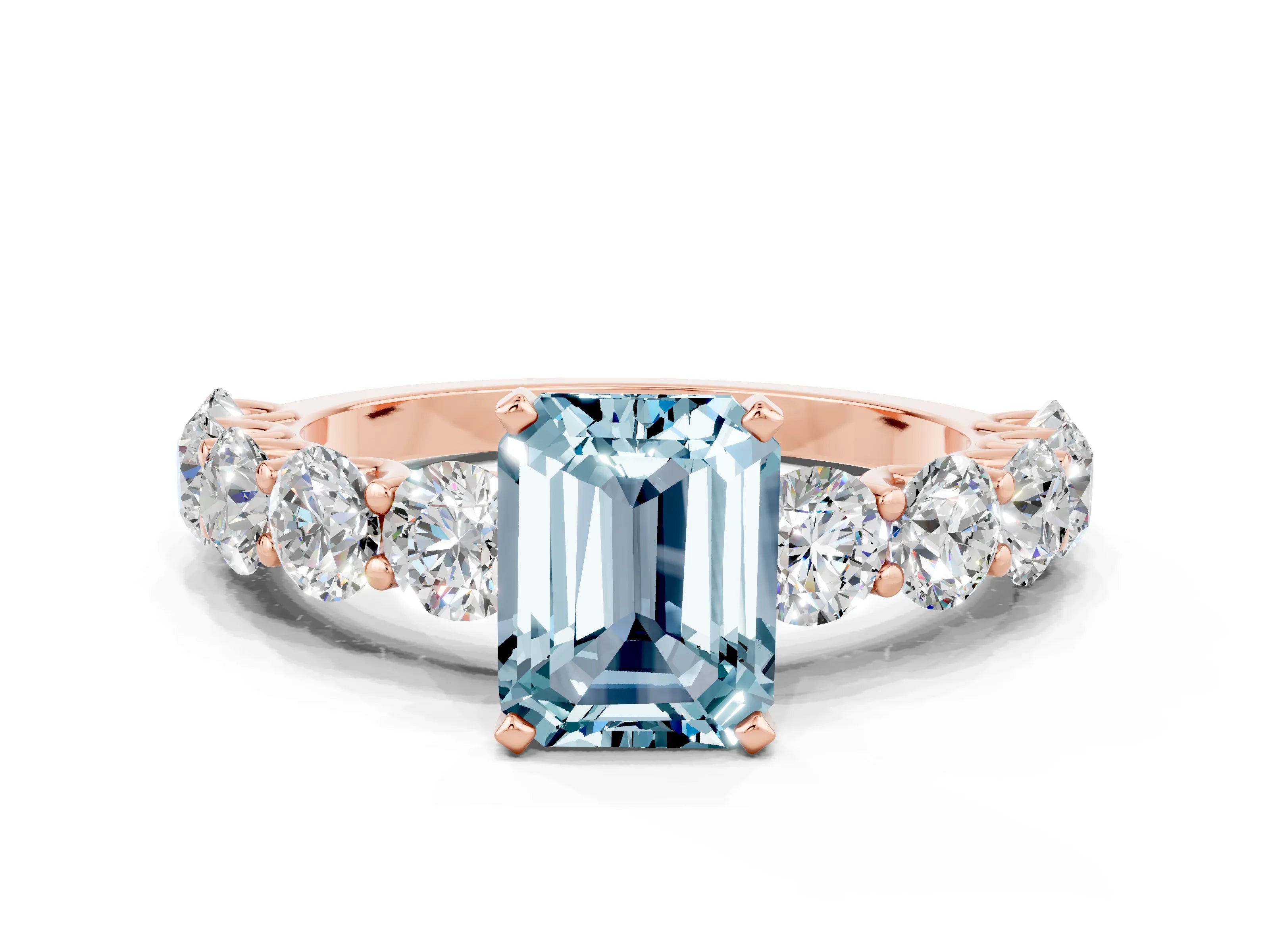 Rose gold Emerald Cut Aquamarine Prong Setting with Side Stones on a Pave Band