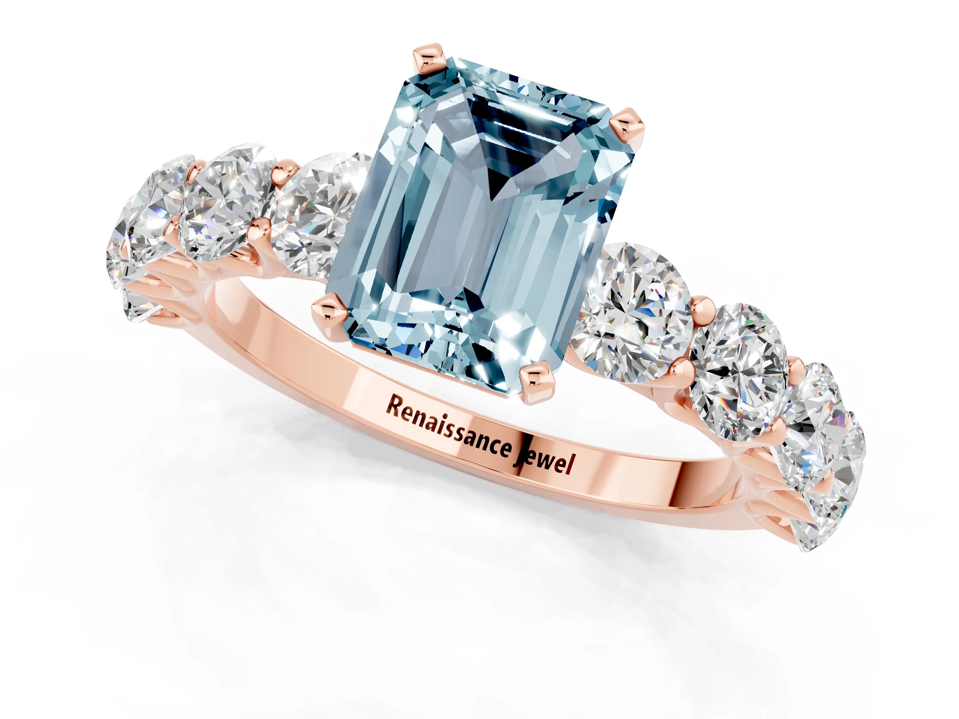 Rose gold Emerald Cut Aquamarine Prong Setting with Side Stones on a Pave Band_1