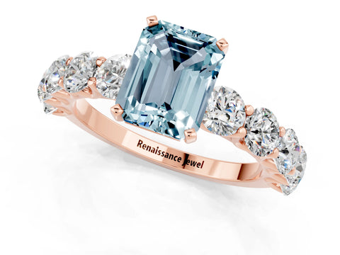 Rose gold Emerald Cut Aquamarine Prong Setting with Side Stones on a Pave Band_1