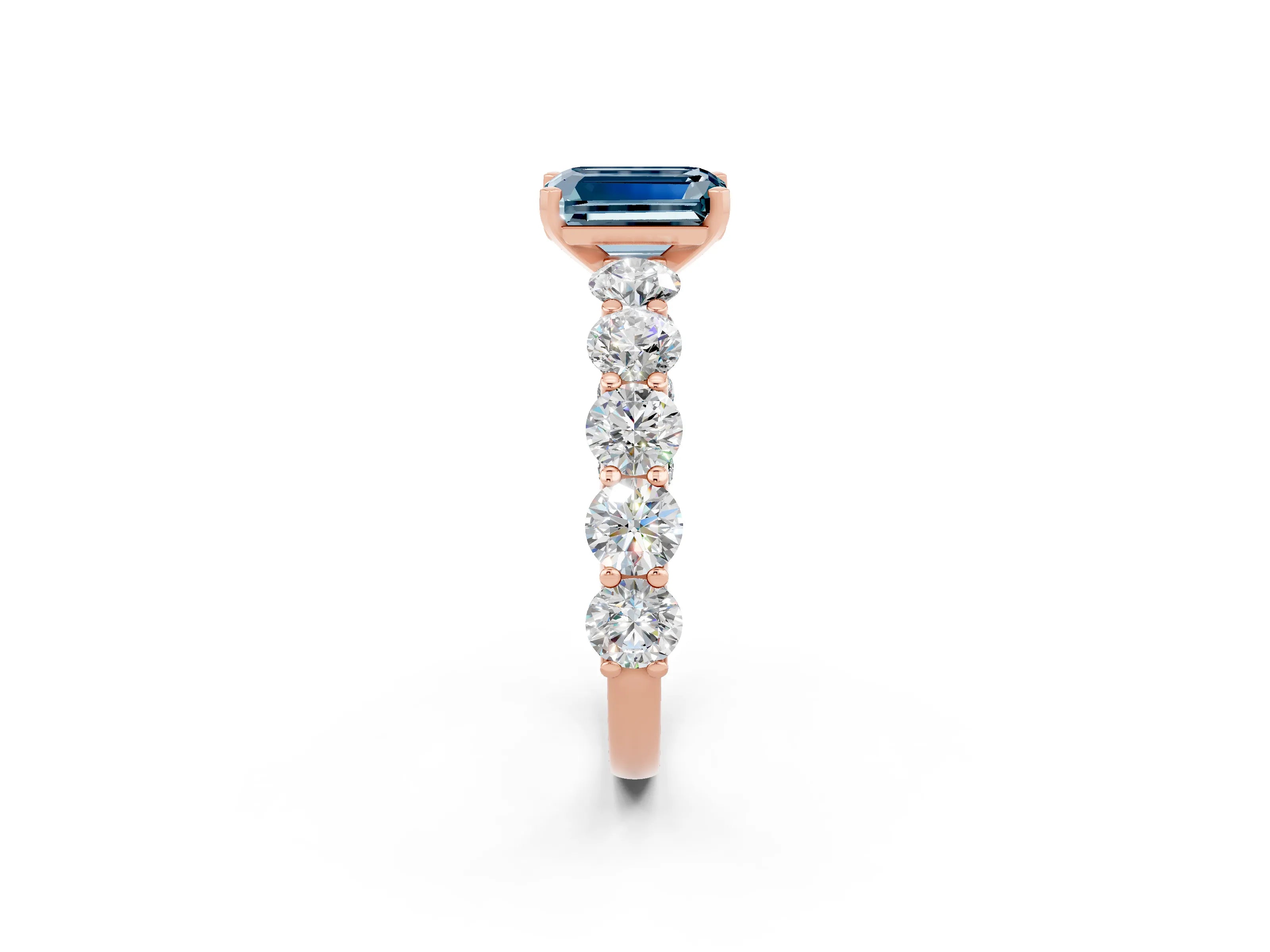 Rose gold Emerald Cut Aquamarine Prong Setting with Side Stones on a Pave Band_2
