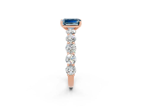 Rose gold Emerald Cut Aquamarine Prong Setting with Side Stones on a Pave Band_2