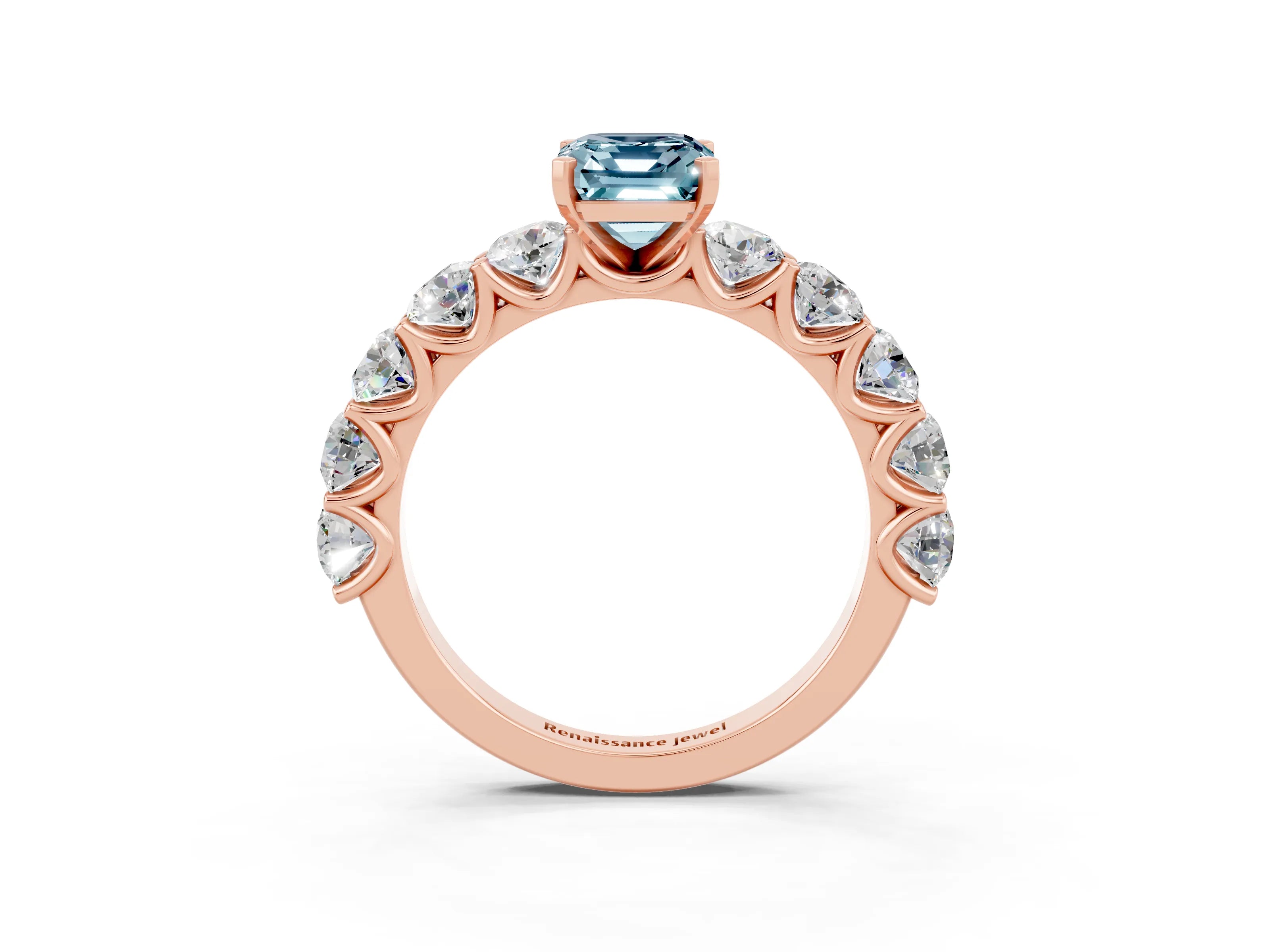 Rose gold Emerald Cut Aquamarine Prong Setting with Side Stones on a Pave Band_3