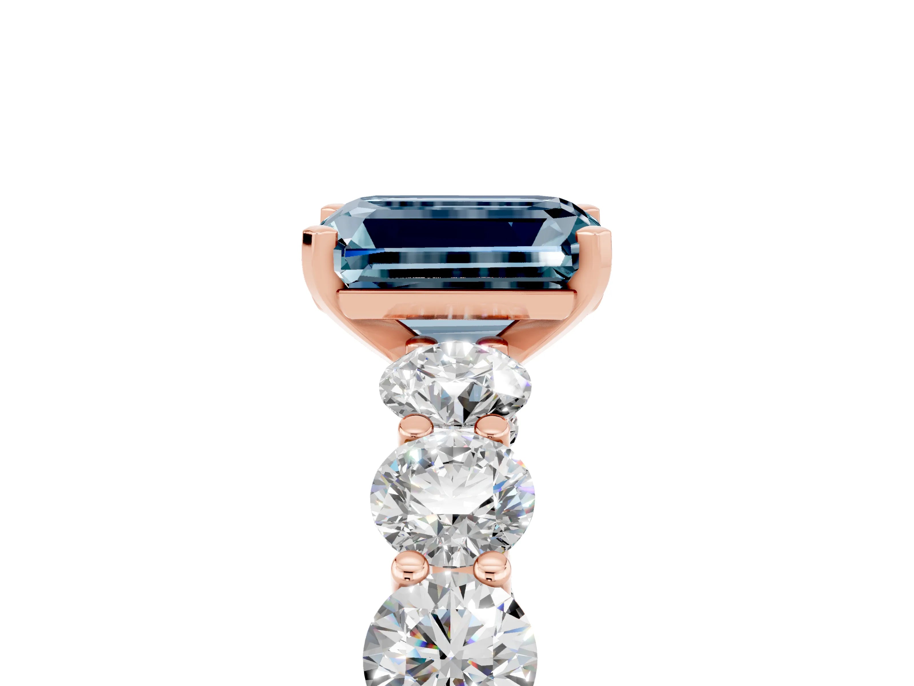 Rose gold Emerald Cut Aquamarine Prong Setting with Side Stones on a Pave Band_5