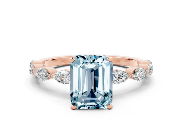 Rose gold Emerald Cut Aquamarine Ring with Marquise Side Stones and Prong Setting
