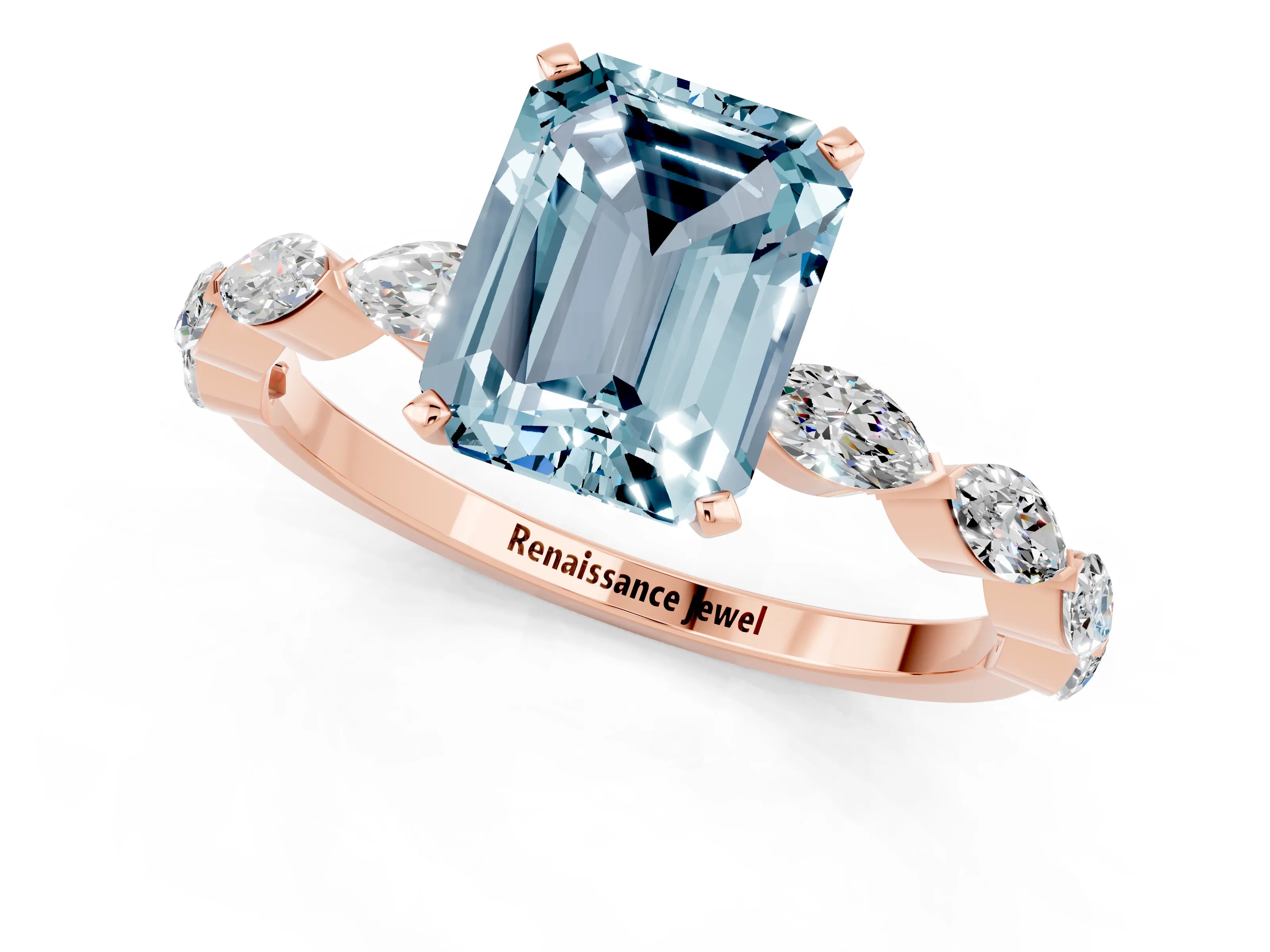 Rose gold Emerald Cut Aquamarine Ring with Marquise Side Stones and Prong Setting_1