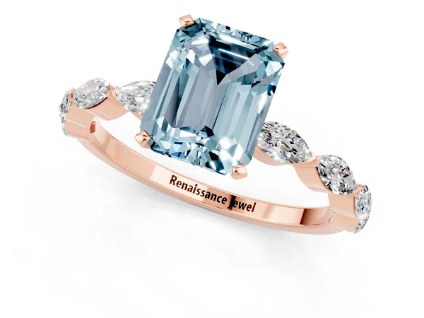 Rose gold Emerald Cut Aquamarine Ring with Marquise Side Stones and Prong Setting
