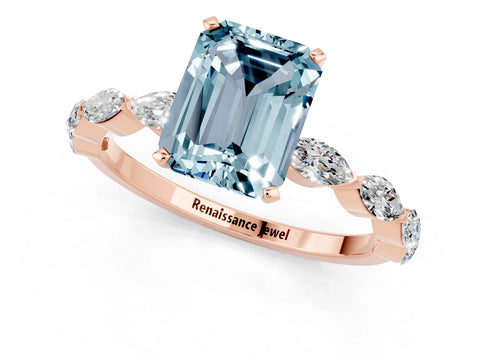 Rose gold Emerald Cut Aquamarine Ring with Marquise Side Stones and Prong Setting_1