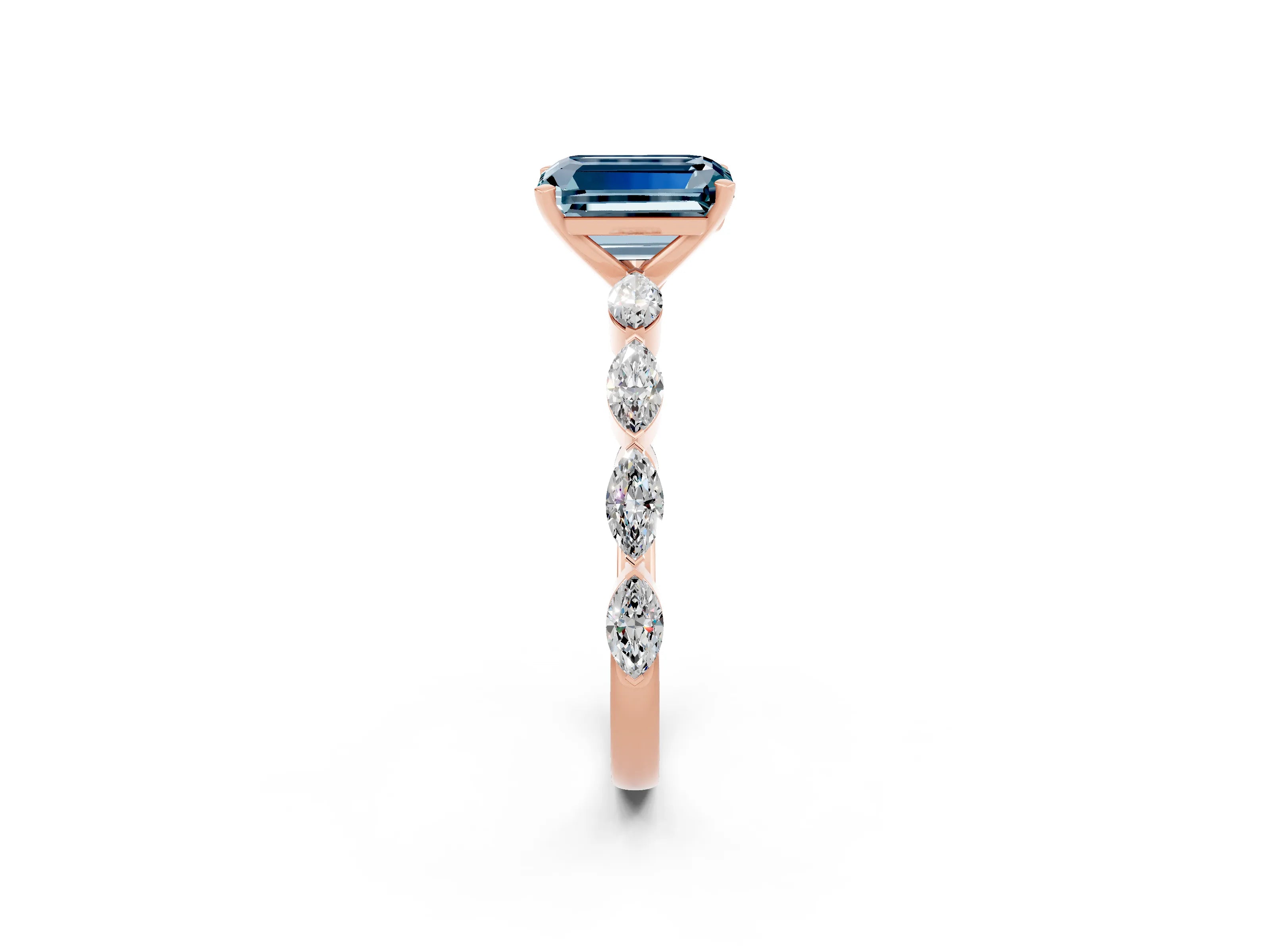 Rose gold Emerald Cut Aquamarine Ring with Marquise Side Stones and Prong Setting_2