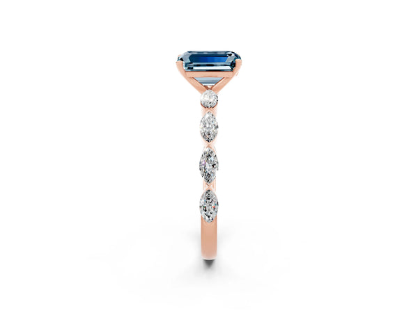 Rose gold Emerald Cut Aquamarine Ring with Marquise Side Stones and Prong Setting