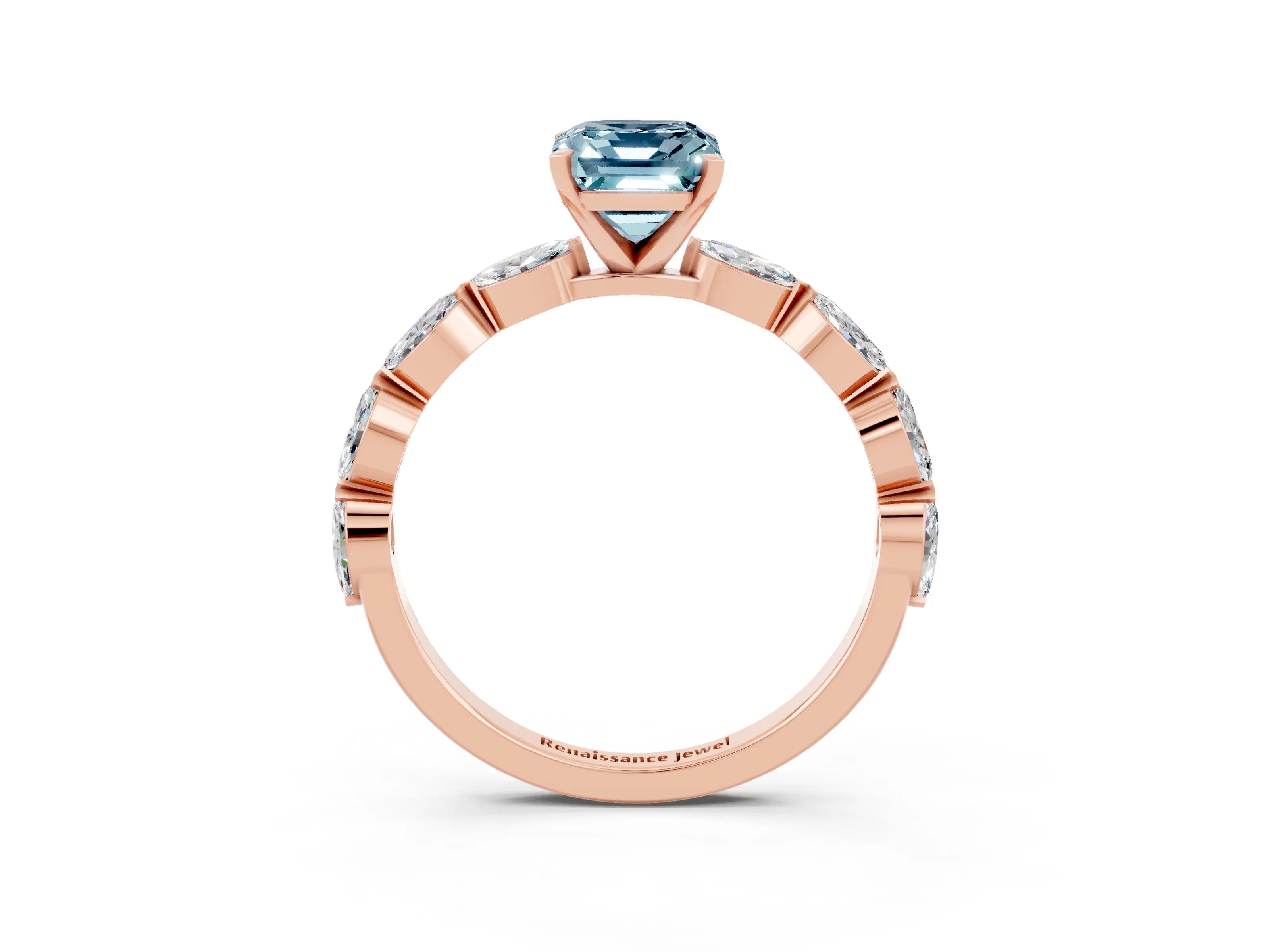 Rose gold Emerald Cut Aquamarine Ring with Marquise Side Stones and Prong Setting_3