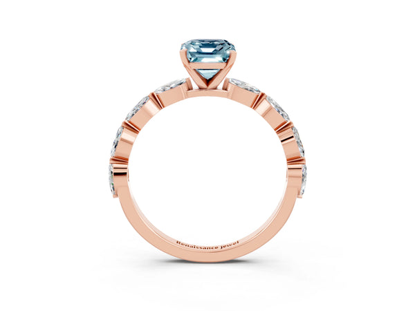 Rose gold Emerald Cut Aquamarine Ring with Marquise Side Stones and Prong Setting