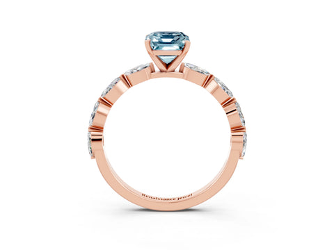 Rose gold Emerald Cut Aquamarine Ring with Marquise Side Stones and Prong Setting_3