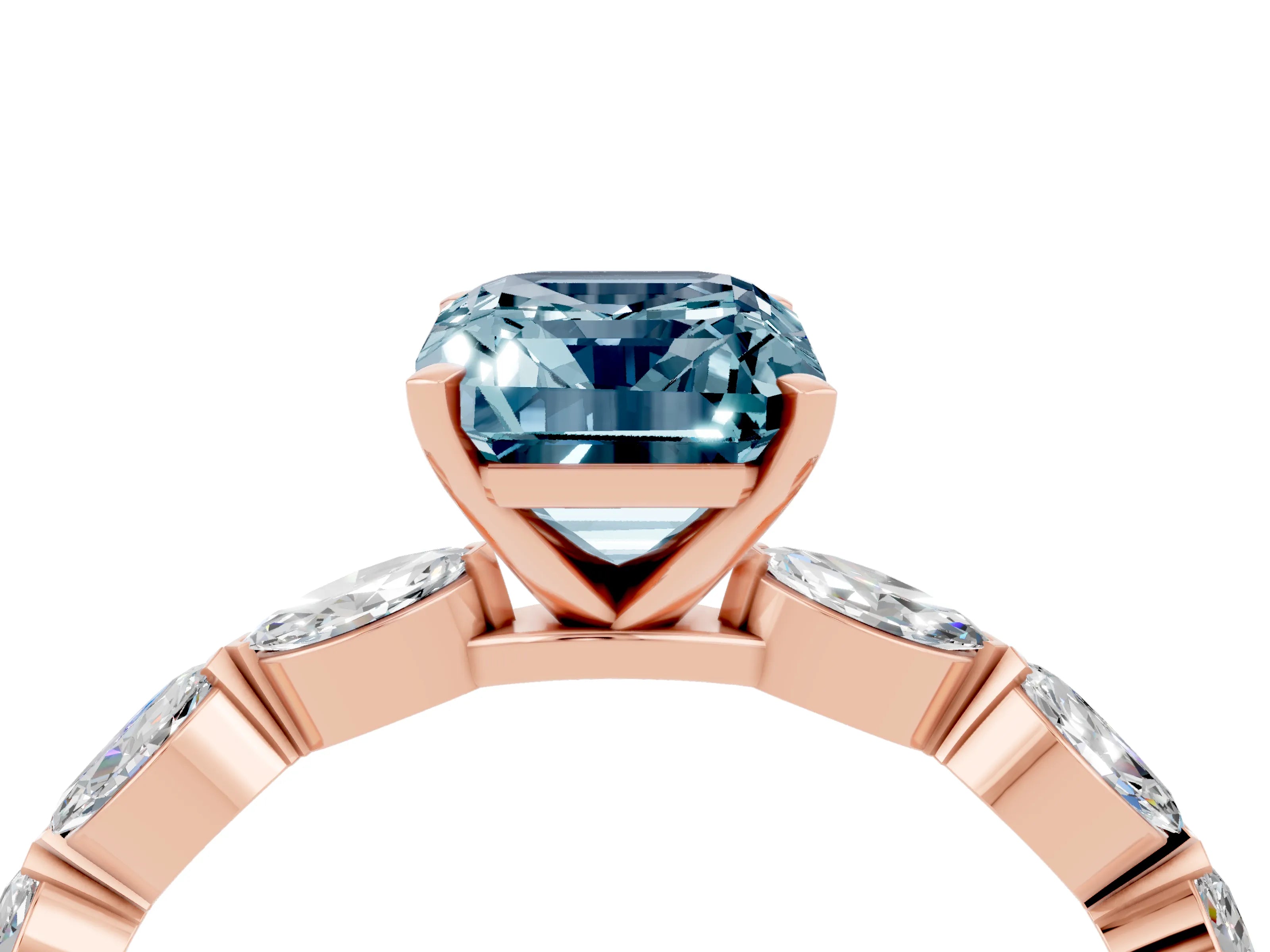 Rose gold Emerald Cut Aquamarine Ring with Marquise Side Stones and Prong Setting_4