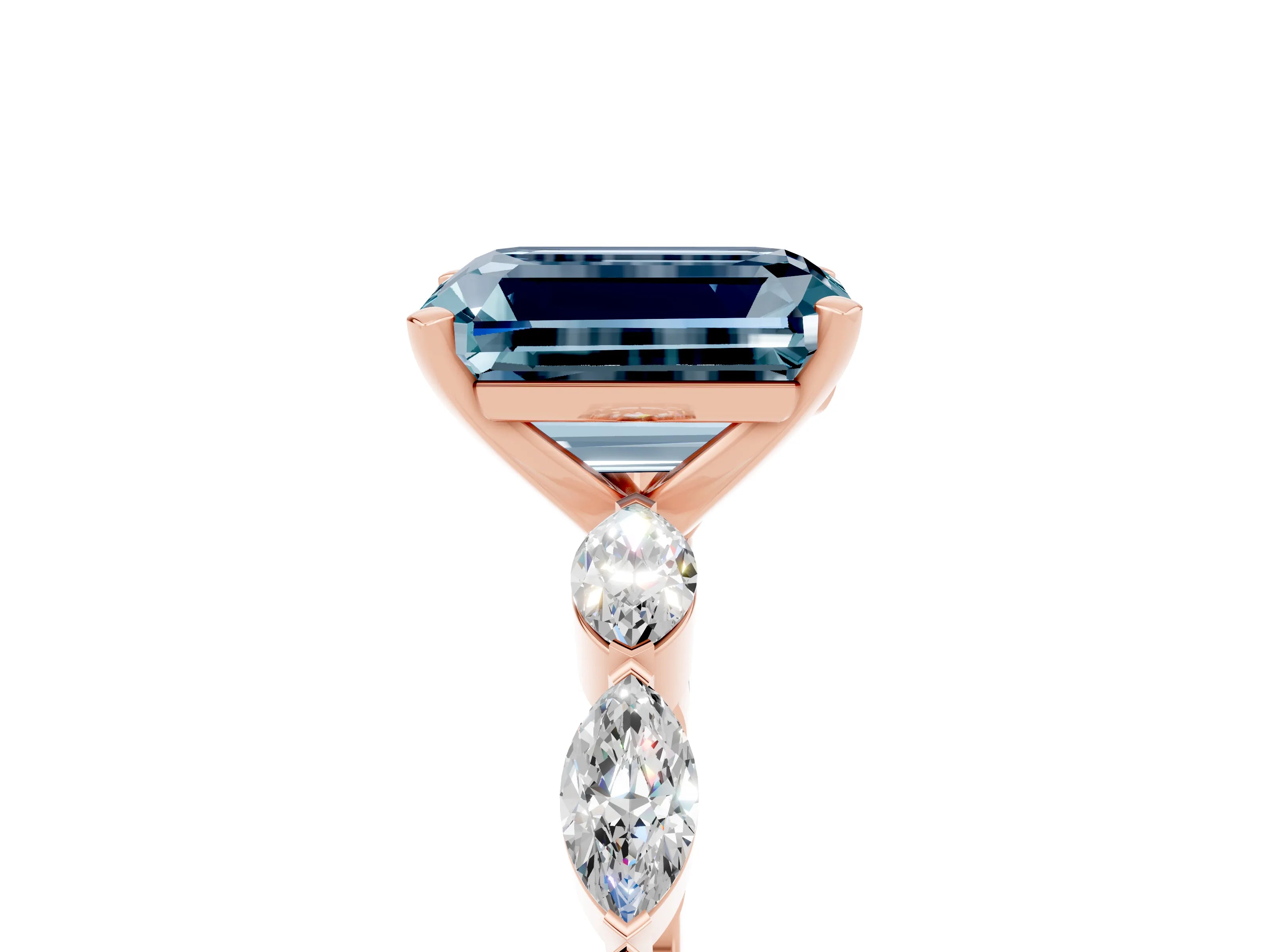Rose gold Emerald Cut Aquamarine Ring with Marquise Side Stones and Prong Setting_5