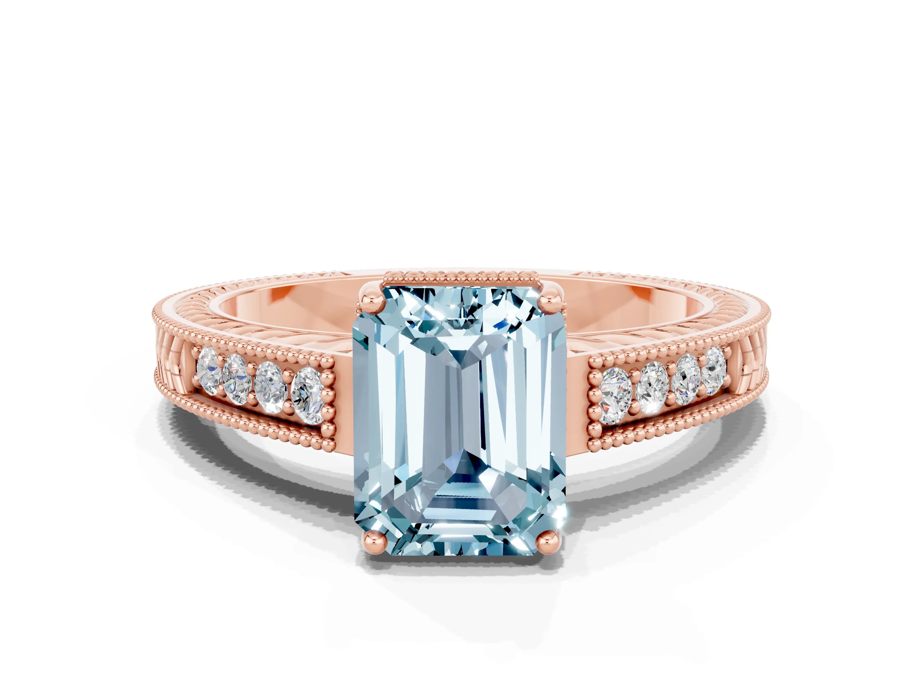 Rose gold Emerald Cut Aquamarine Ring with Milgrain Pavé Band and Four-Prong Setting_12