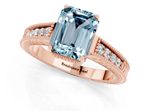 Rose gold Emerald Cut Aquamarine Ring with Milgrain Pavé Band and Four-Prong Setting_13