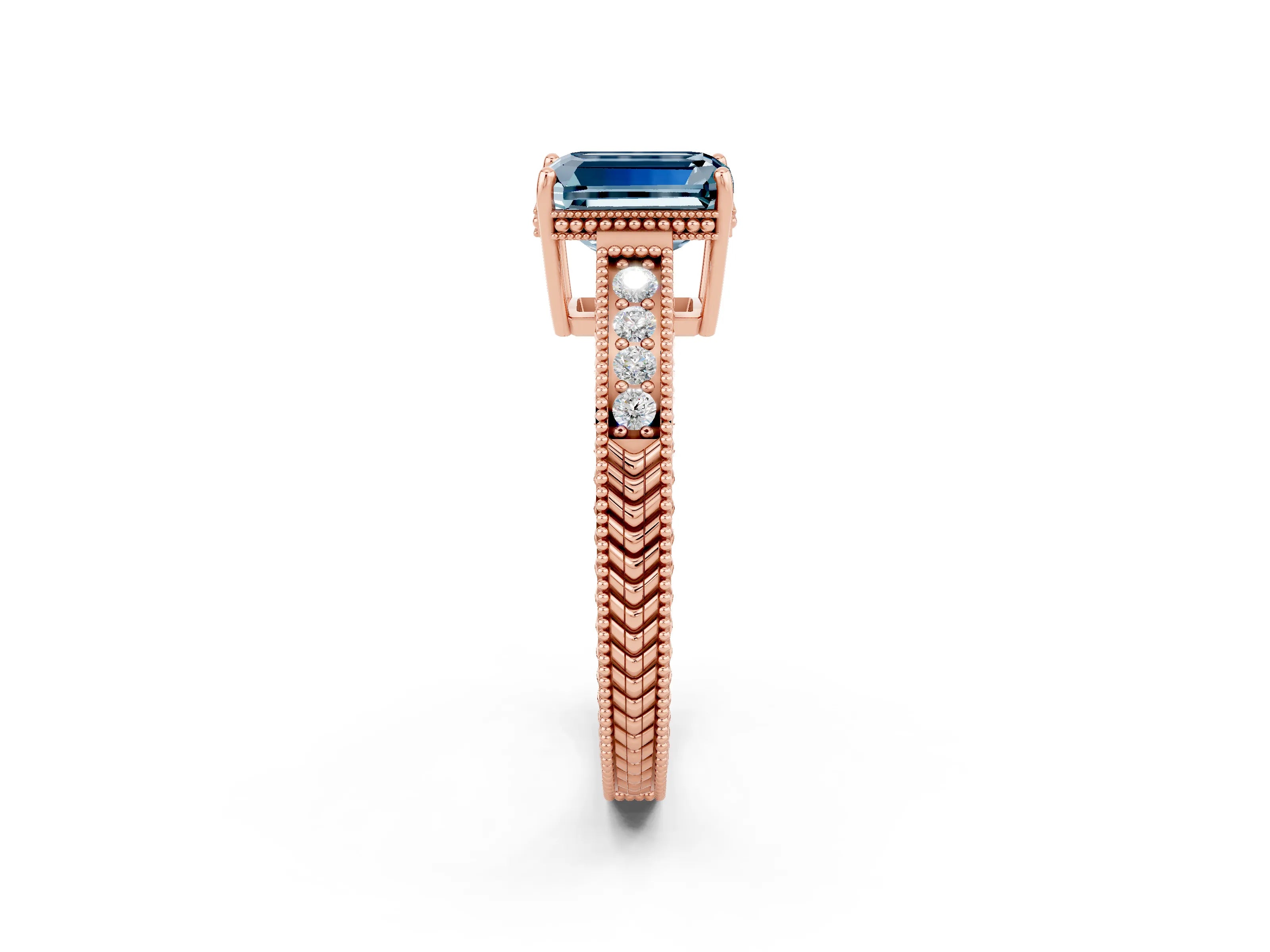 Rose gold Emerald Cut Aquamarine Ring with Milgrain Pavé Band and Four-Prong Setting_14