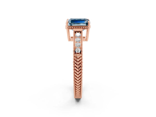 Rose gold Emerald Cut Aquamarine Ring with Milgrain Pavé Band and Four-Prong Setting