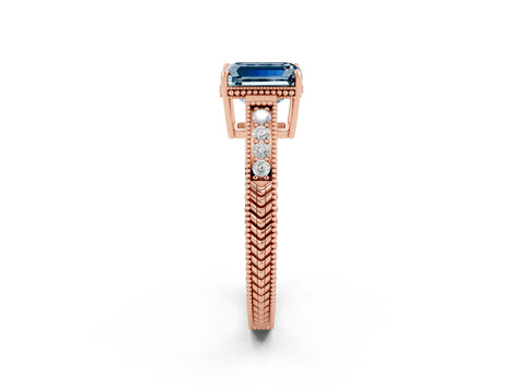 Rose gold Emerald Cut Aquamarine Ring with Milgrain Pavé Band and Four-Prong Setting_14