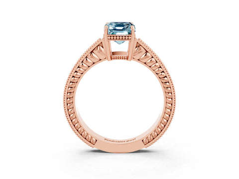 Rose gold Emerald Cut Aquamarine Ring with Milgrain Pavé Band and Four-Prong Setting_15