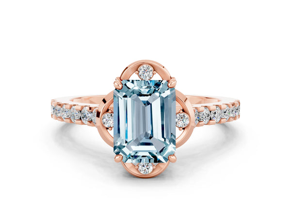 Rose gold Emerald Cut Aquamarine Ring with Pavé Band and Floral Prong Setting