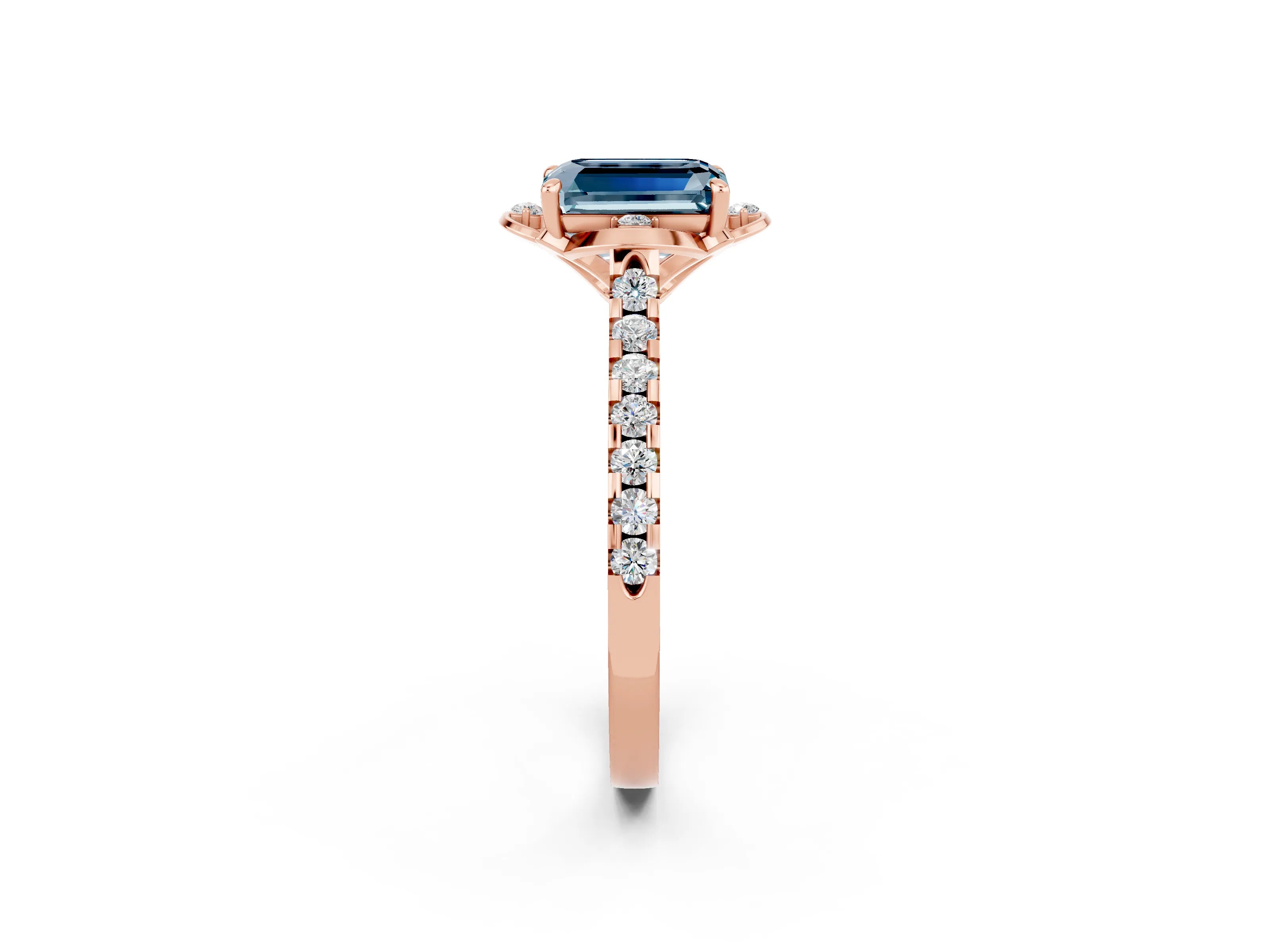Rose gold Emerald Cut Aquamarine Ring with Pavé Band and Floral Prong Setting_2