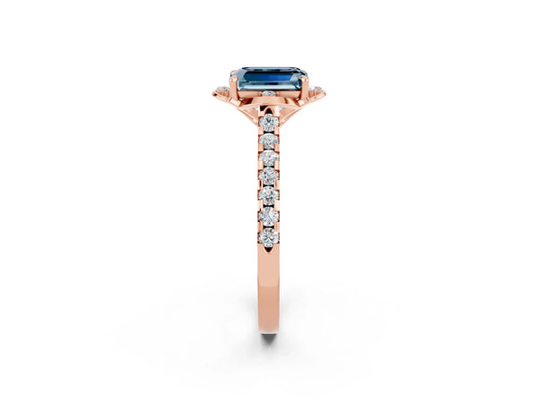 Rose gold Emerald Cut Aquamarine Ring with Pavé Band and Floral Prong Setting