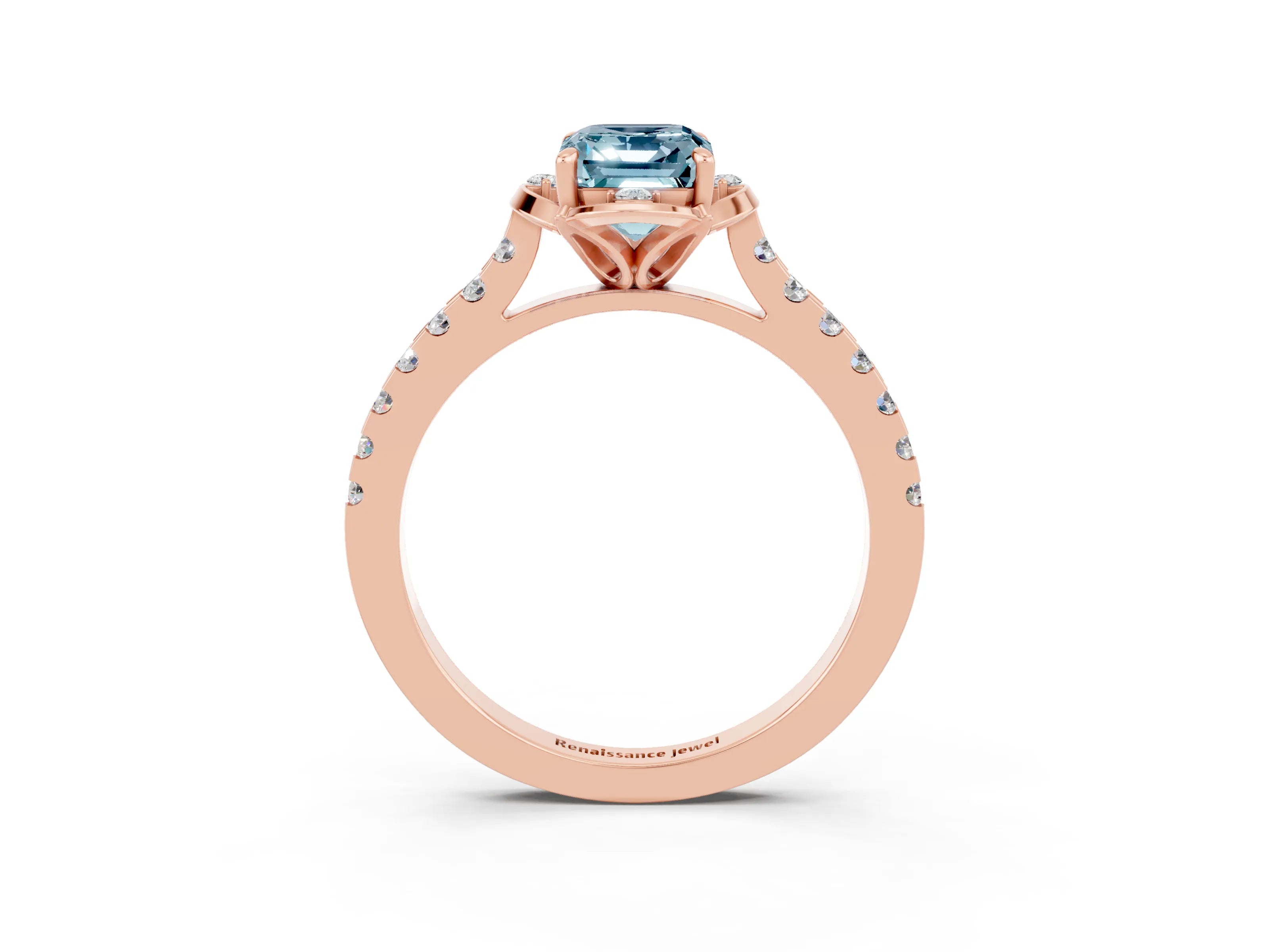 Rose gold Emerald Cut Aquamarine Ring with Pavé Band and Floral Prong Setting_3
