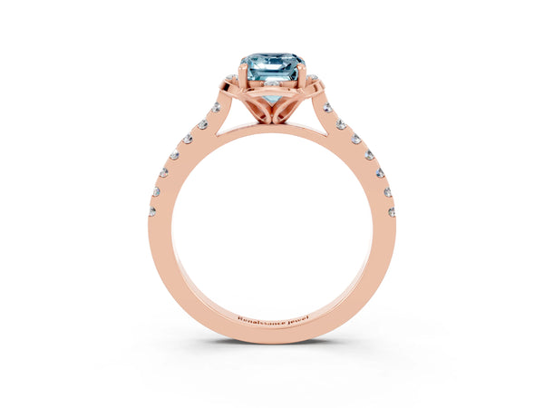 Rose gold Emerald Cut Aquamarine Ring with Pavé Band and Floral Prong Setting