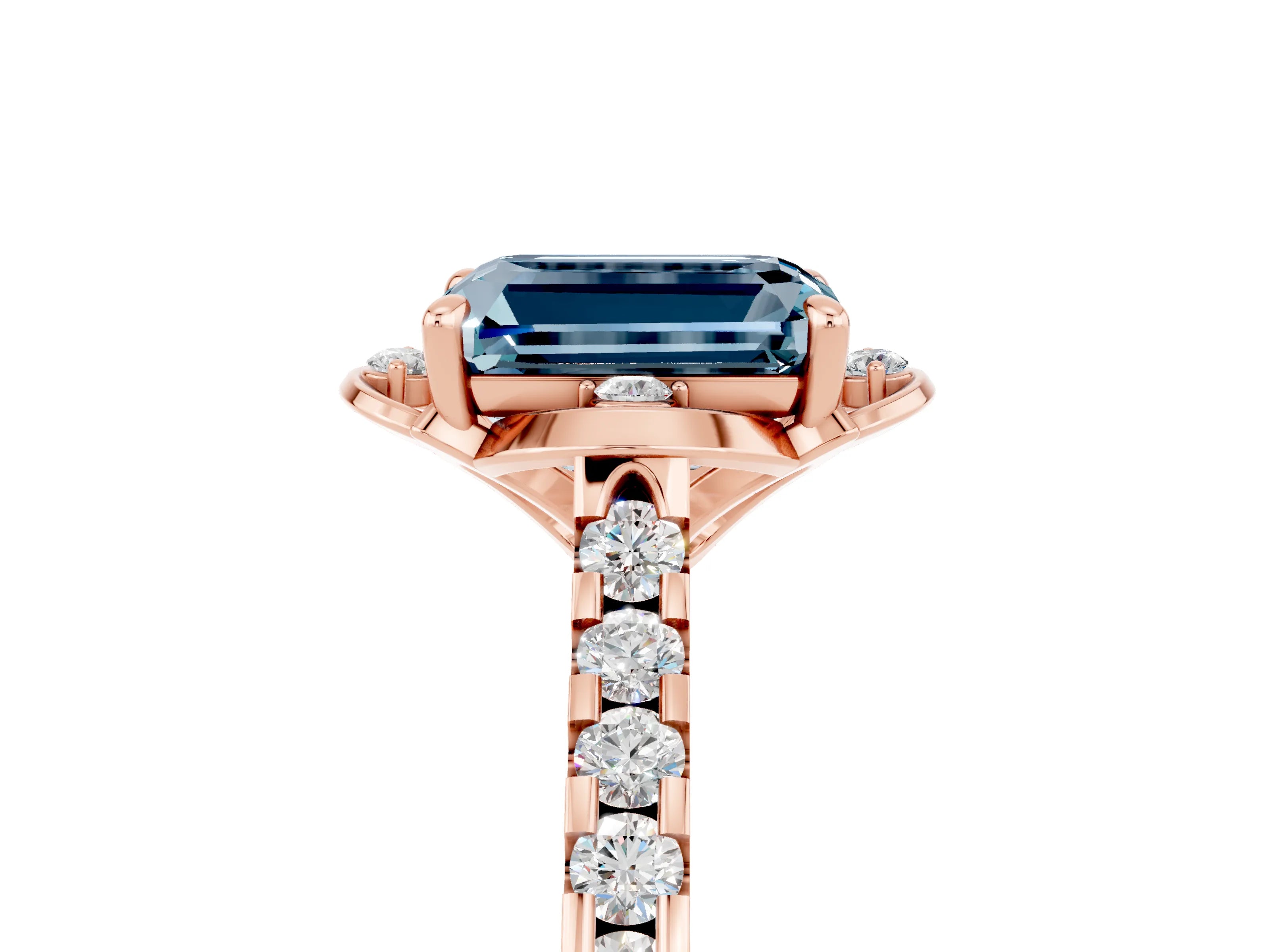 Rose gold Emerald Cut Aquamarine Ring with Pavé Band and Floral Prong Setting_5