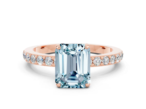 Rose gold Emerald Cut Aquamarine Pavé Engagement Ring with Round  Accents and Prong Setting