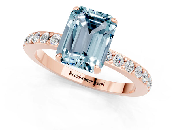 Rose gold Emerald Cut Aquamarine Pavé Engagement Ring with Round  Accents and Prong Setting