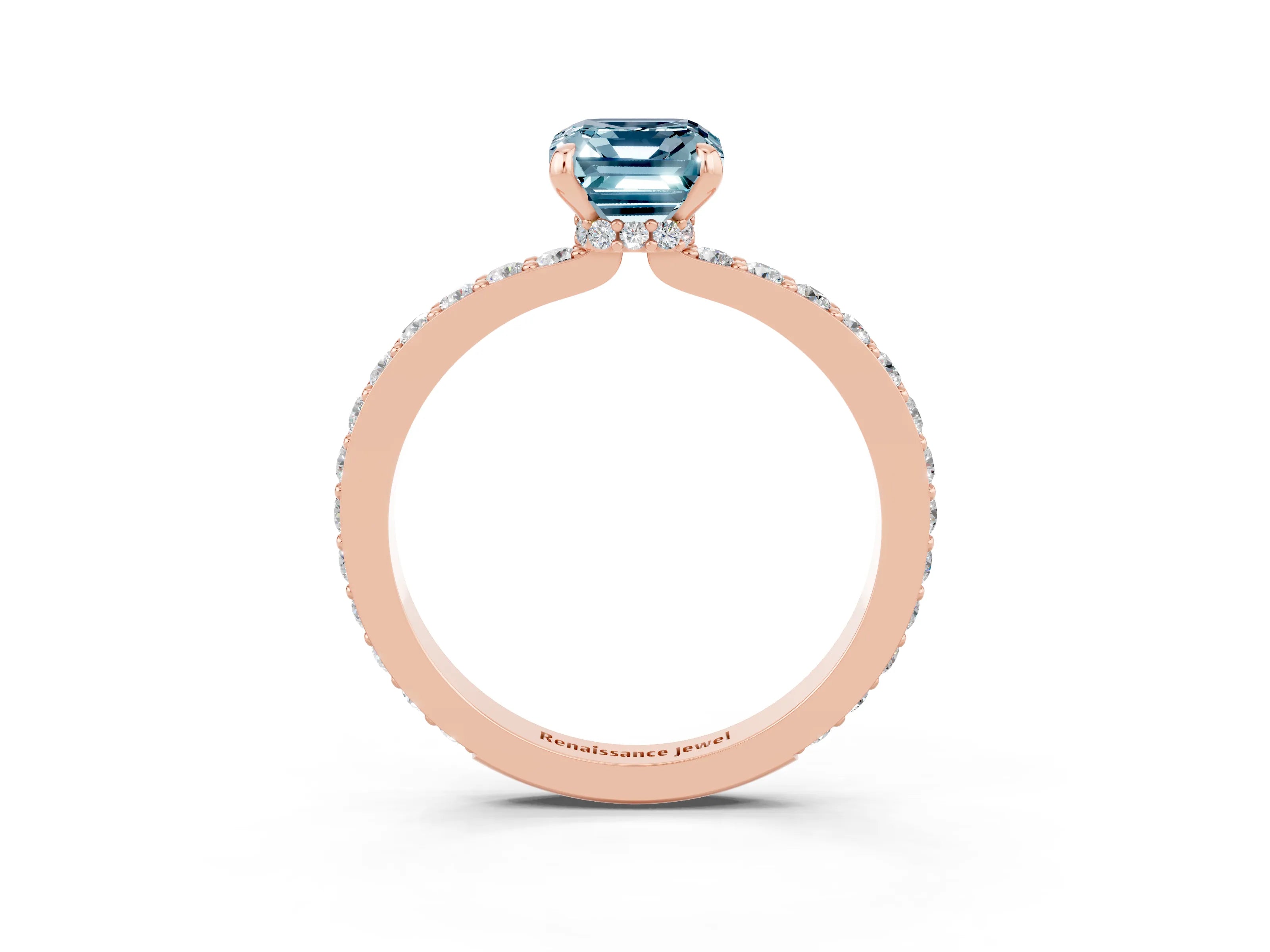 Rose gold Emerald Cut Aquamarine Ring with Pavé Band and Four-Prong Setting_3
