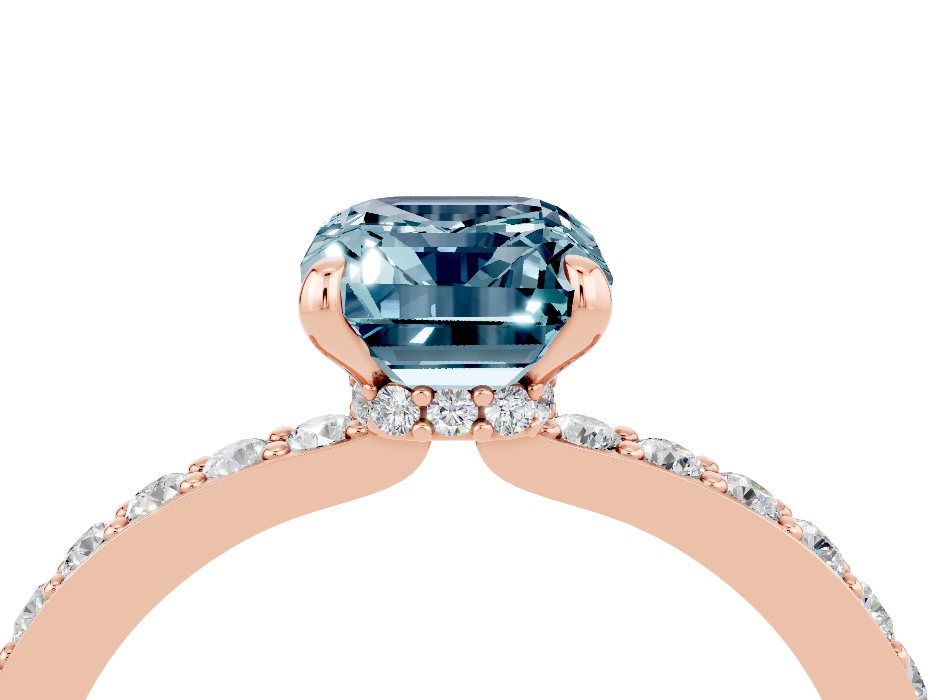 Rose gold Emerald Cut Aquamarine Ring with Pavé Band and Four-Prong Setting_4