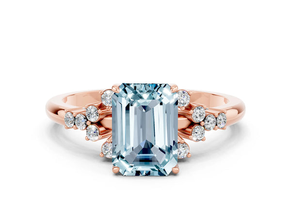 Rose gold Emerald Cut Aquamarine Ring with Side Stones and Four-Prong Setting