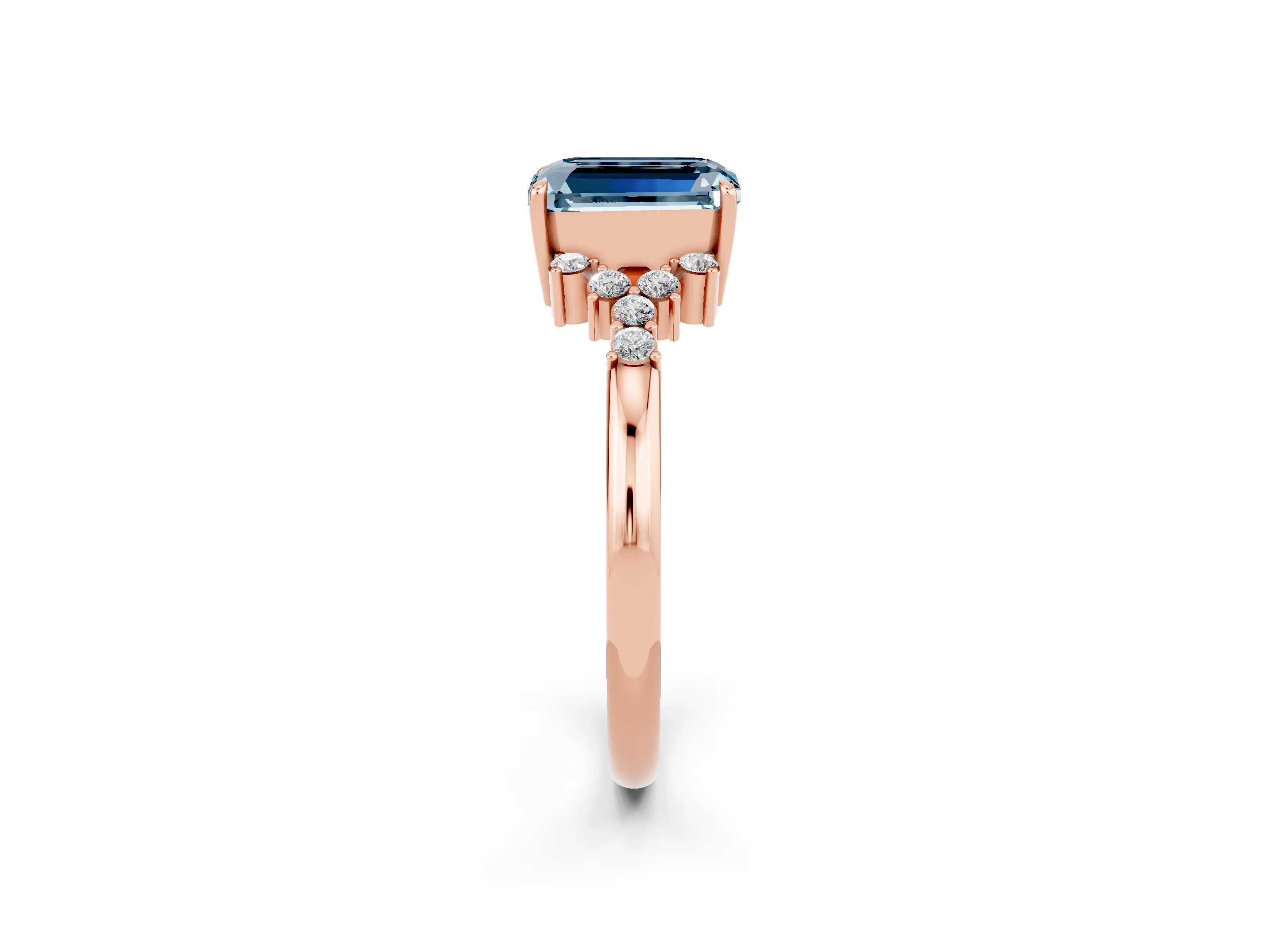 Rose gold Emerald Cut Aquamarine Ring with Side Stones and Four-Prong Setting_38